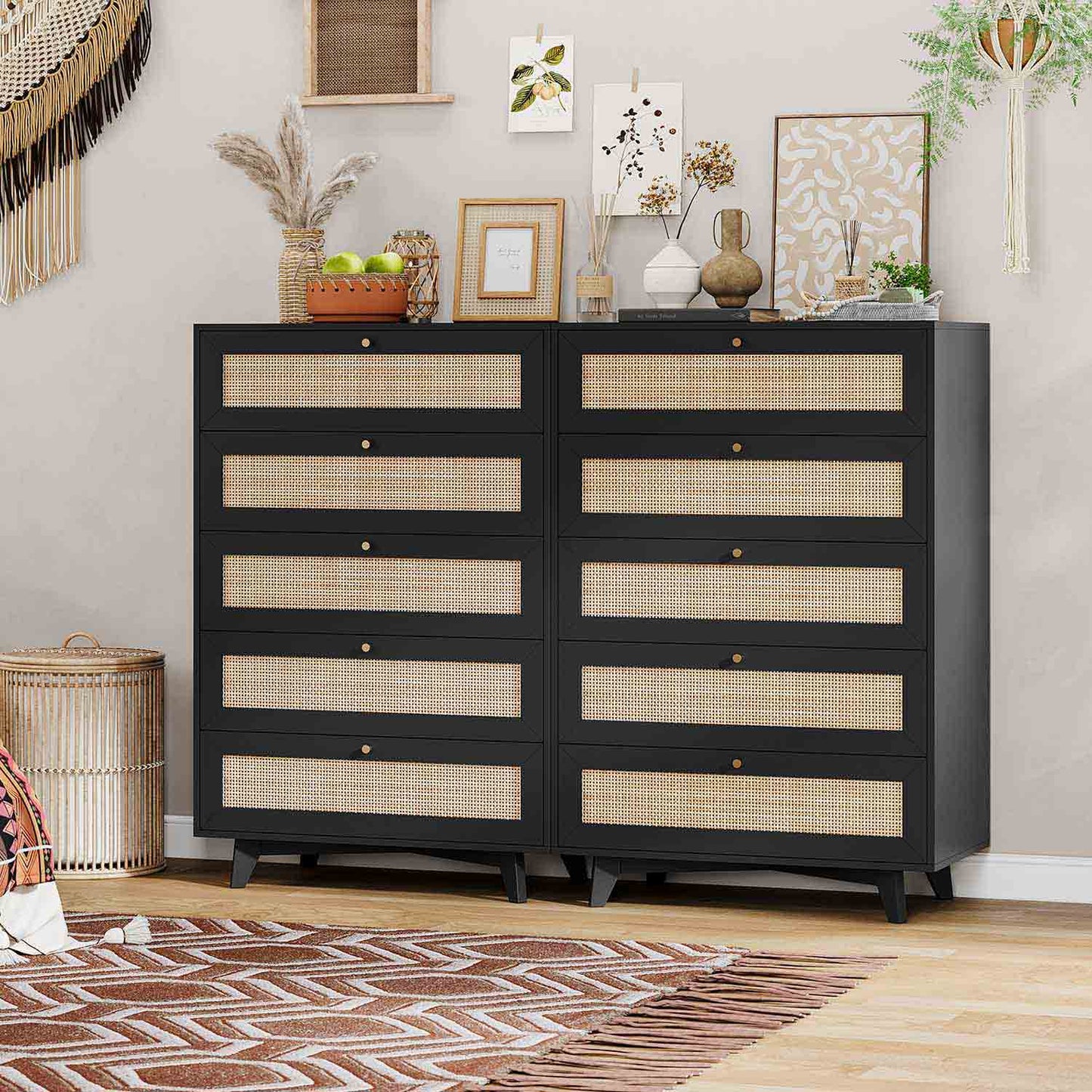 Natural Rattan Dresser with 5 Storage Drawers Black