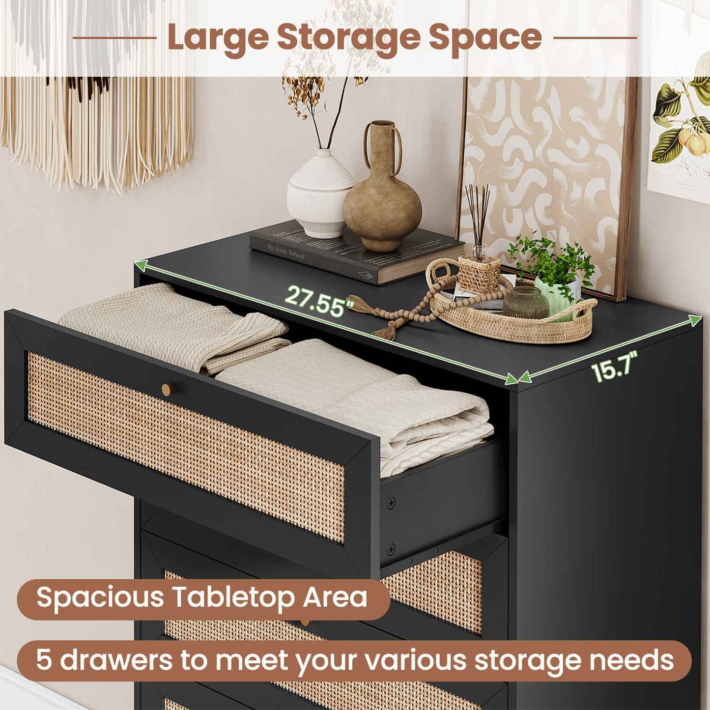 Natural Rattan Dresser with 5 Storage Drawers Black