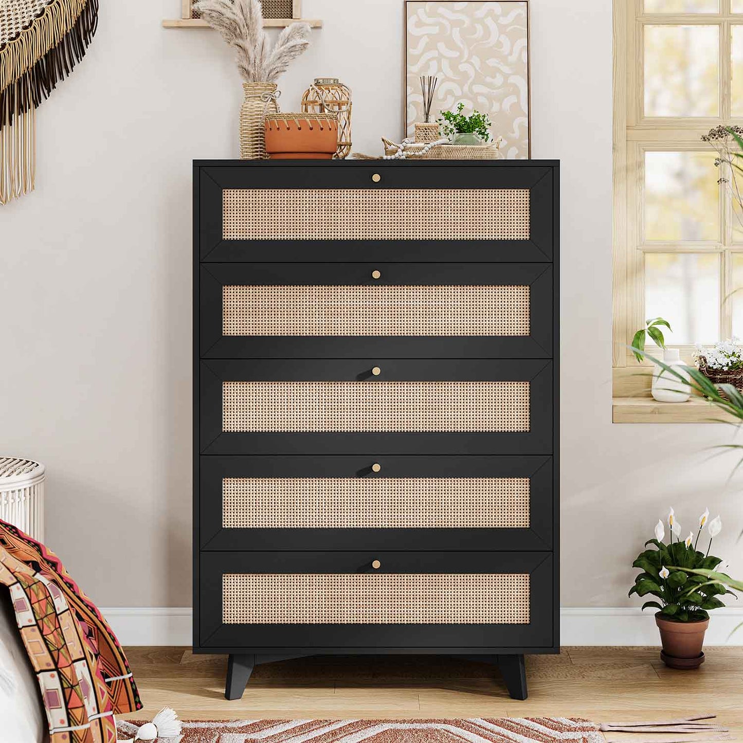 Natural Rattan Dresser with 5 Storage Drawers Black