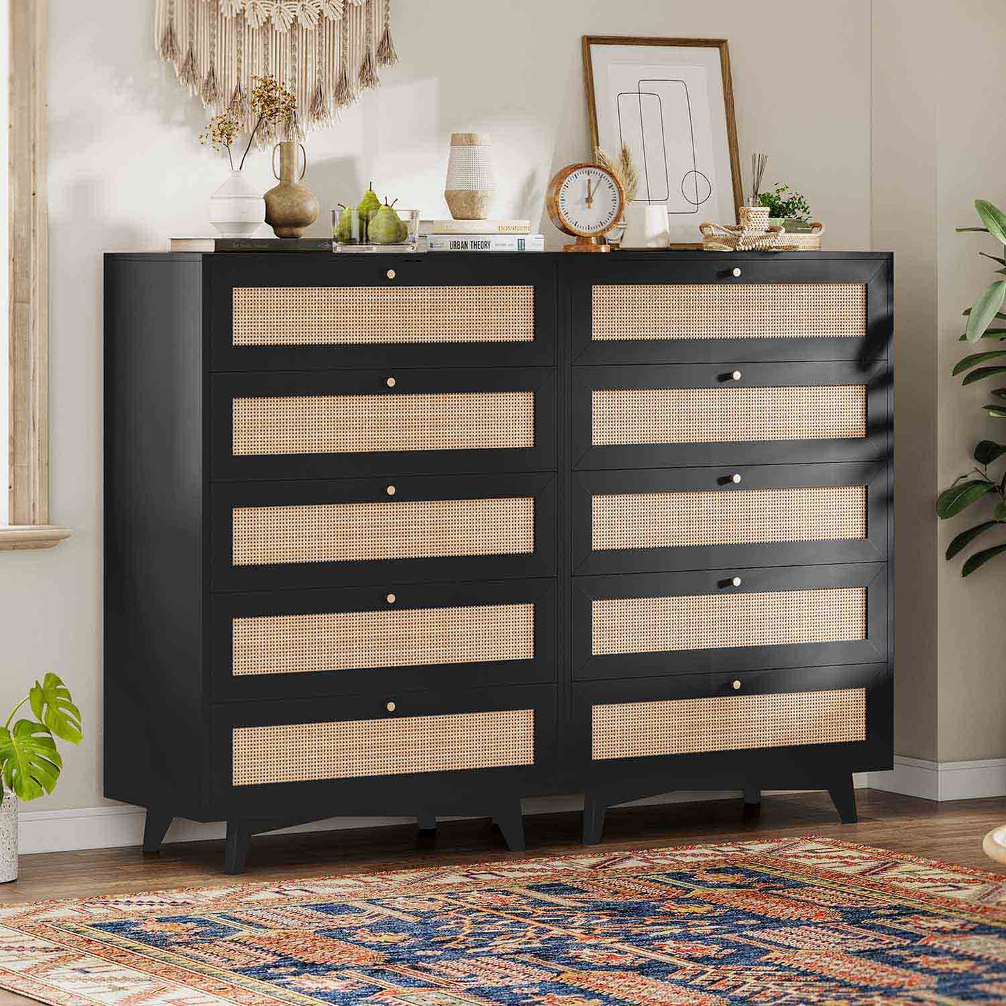 Natural Rattan Dresser with 5 Storage Drawers Black