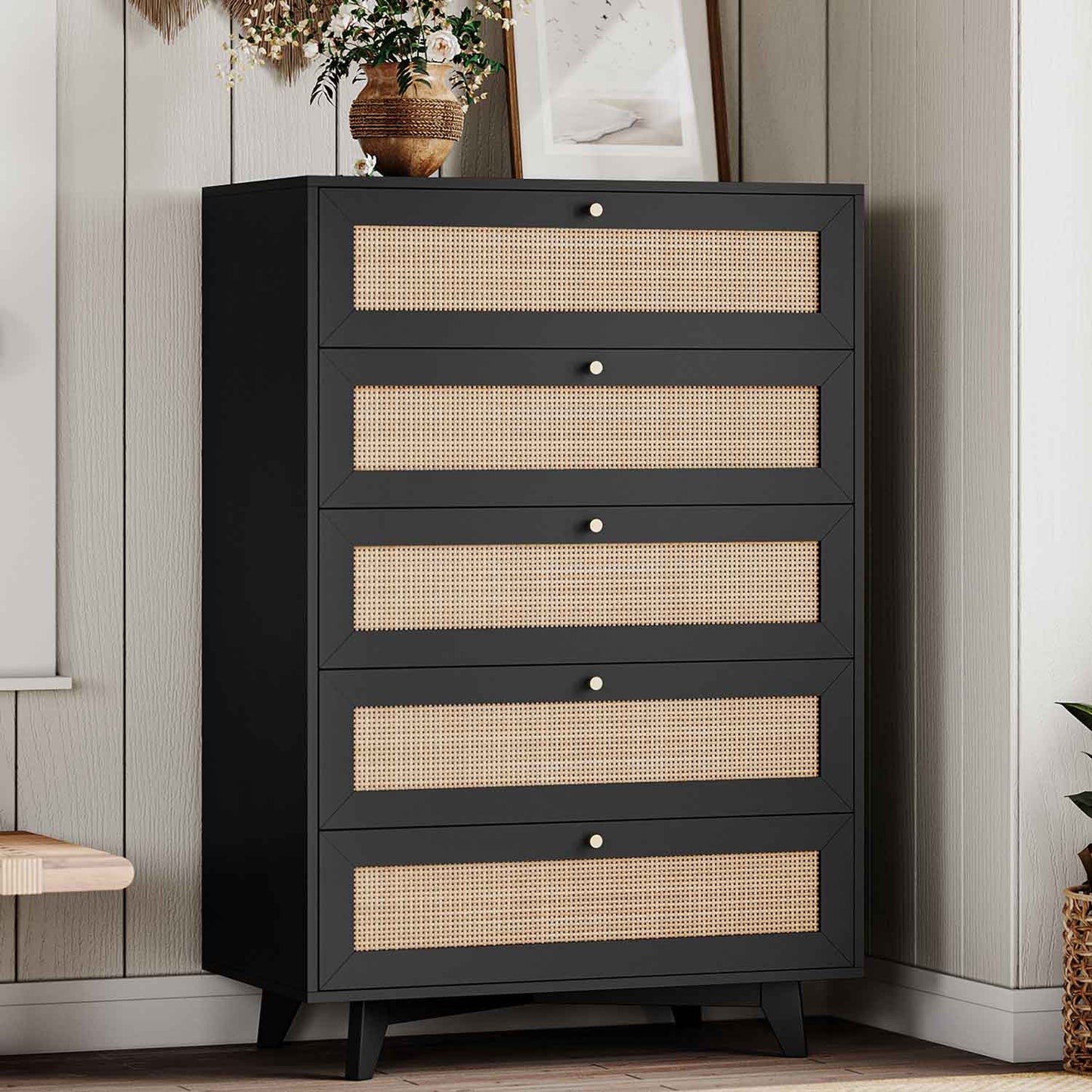 Natural Rattan Dresser with 5 Storage Drawers Black