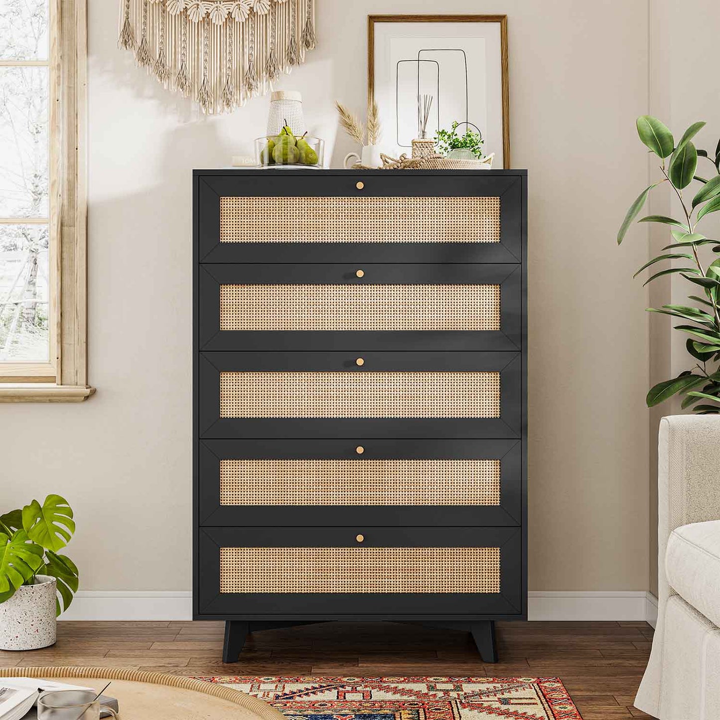 Natural Rattan Dresser with 5 Storage Drawers Black