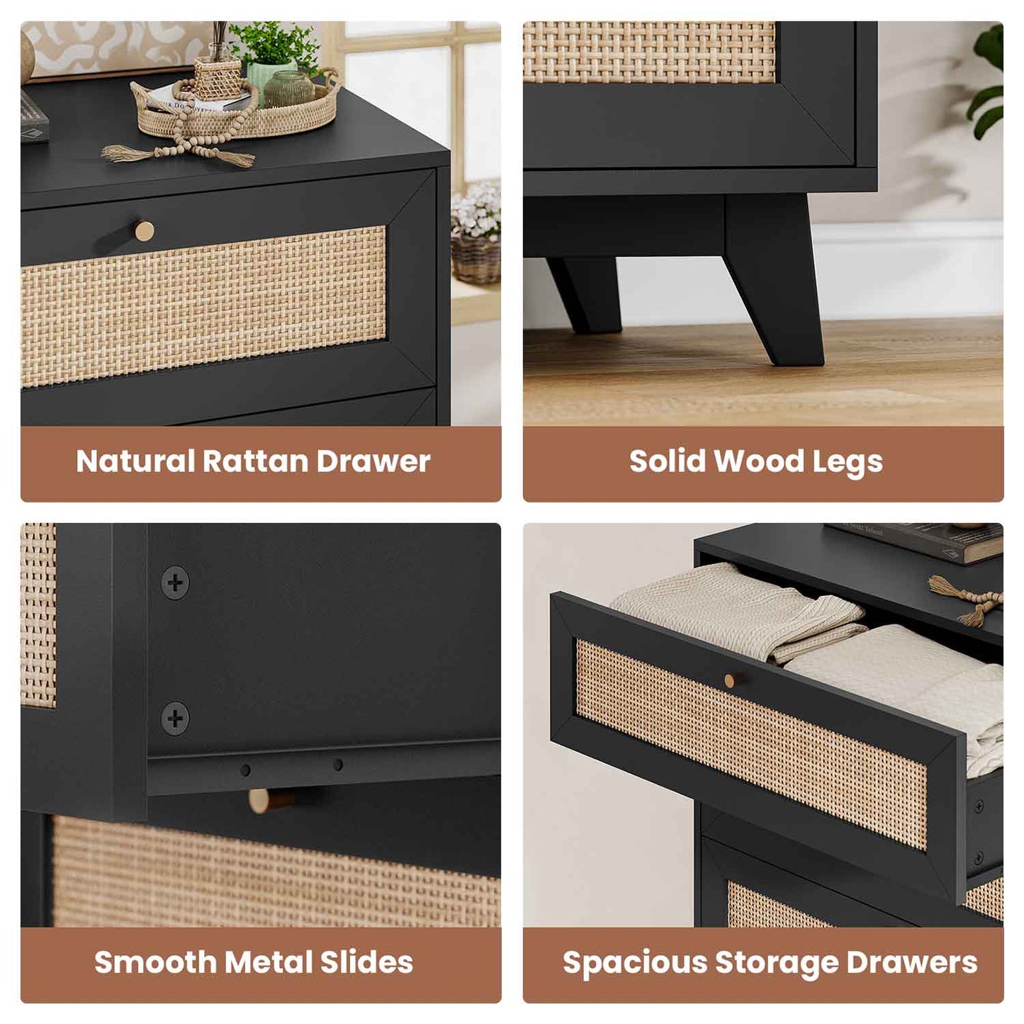 Natural Rattan Dresser with 5 Storage Drawers Black