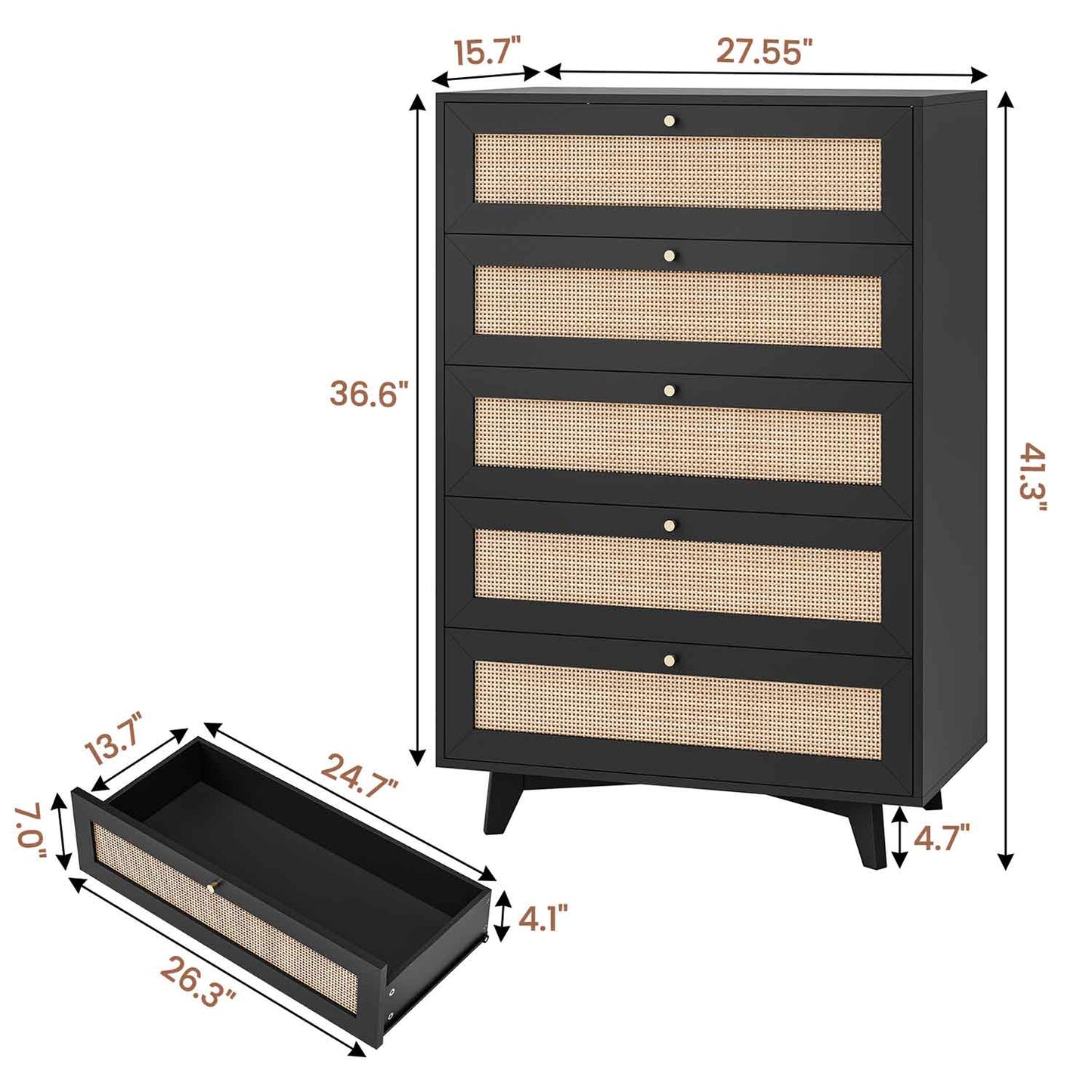 Natural Rattan Dresser with 5 Storage Drawers Black