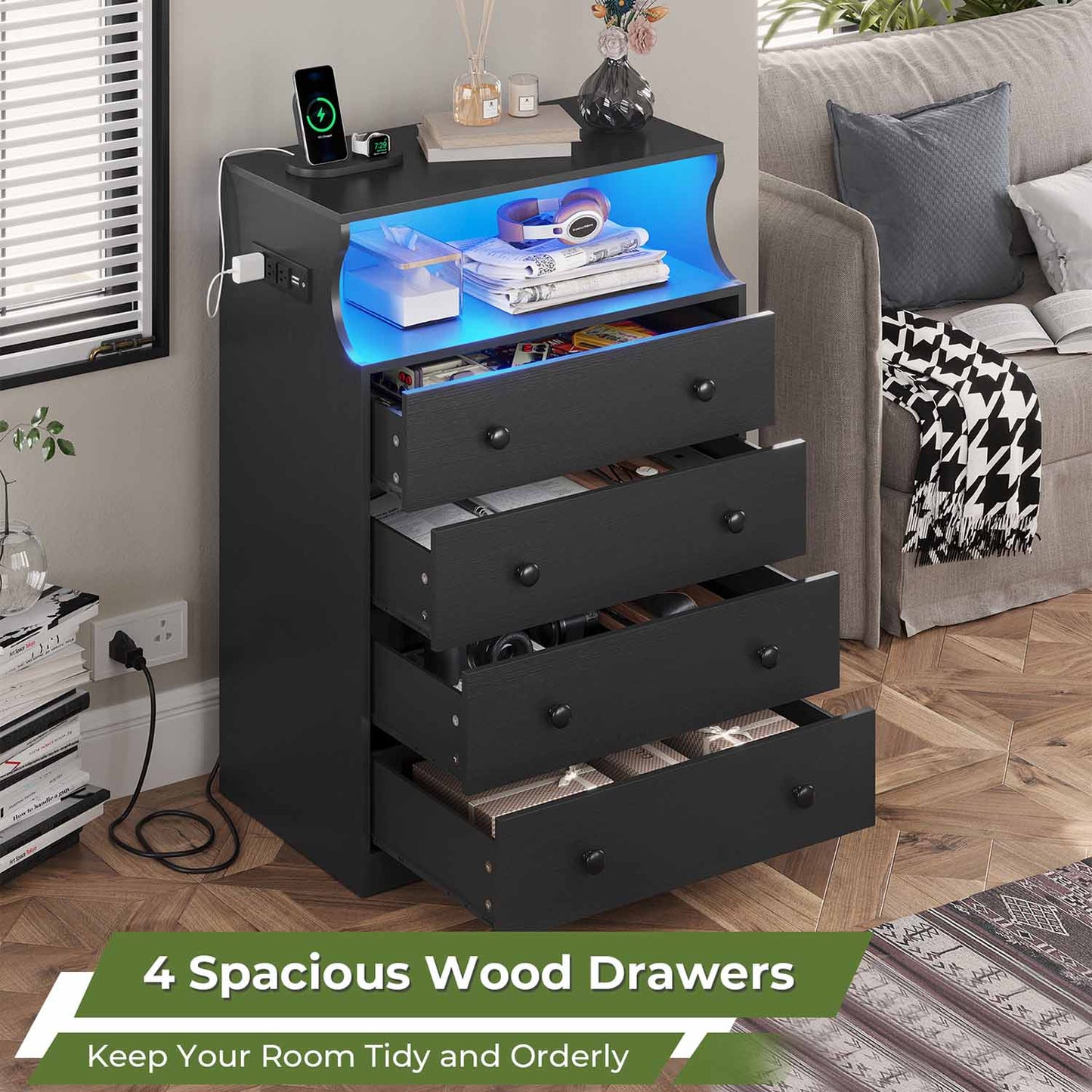 LED Tall Dresser with 4 Storage Drawers Black