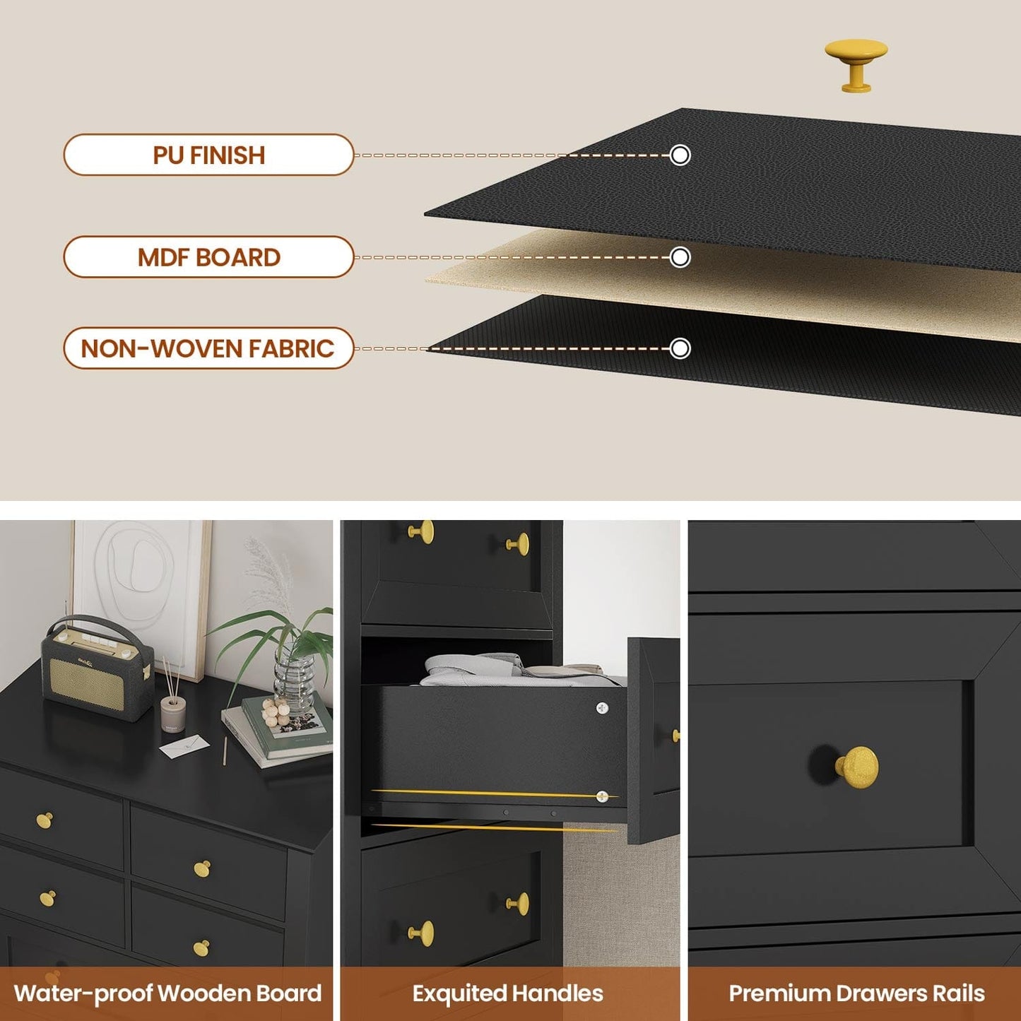 55.1 Inches High Tall Dresser with 8 Drawers Black