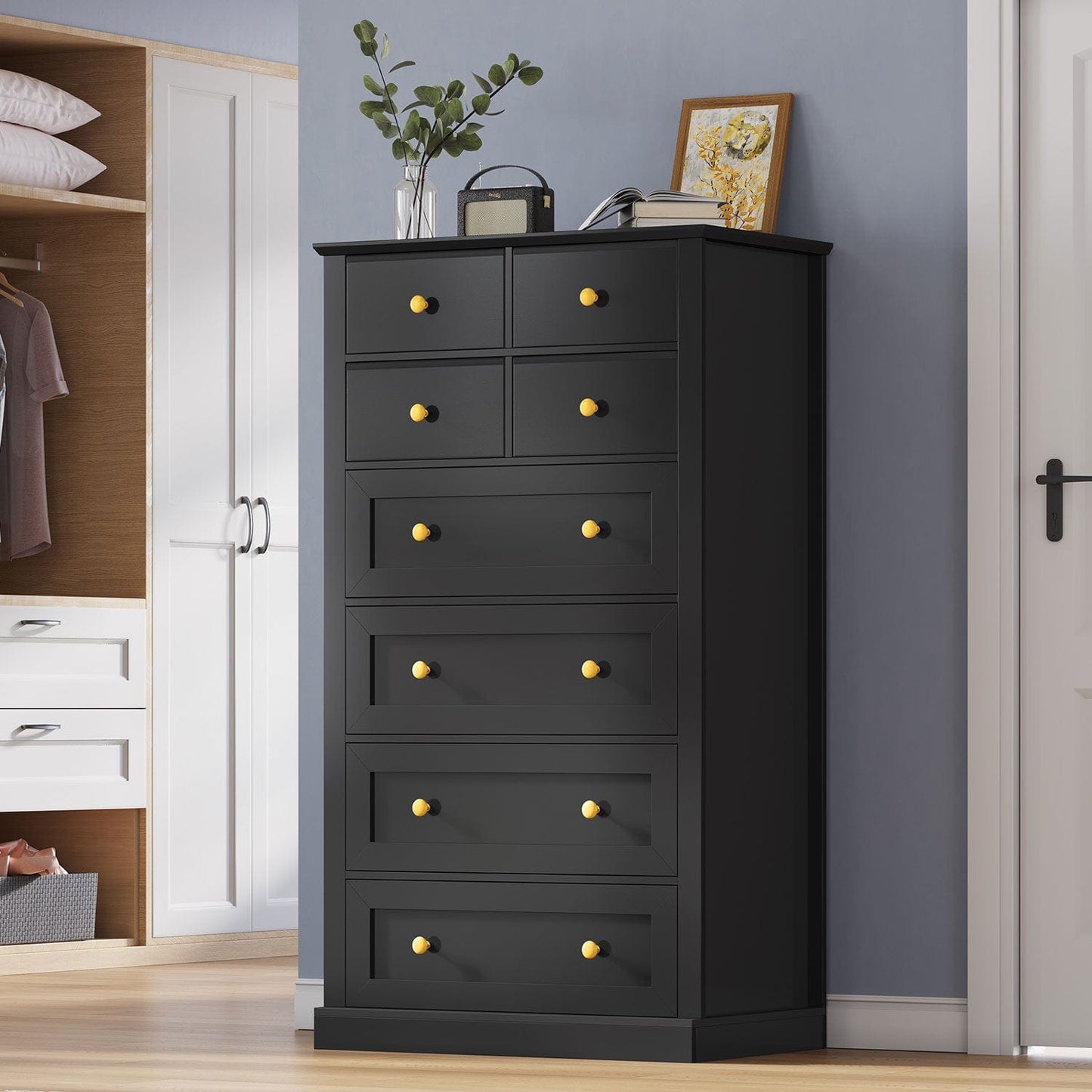 55.1 Inches High Tall Dresser with 8 Drawers Black