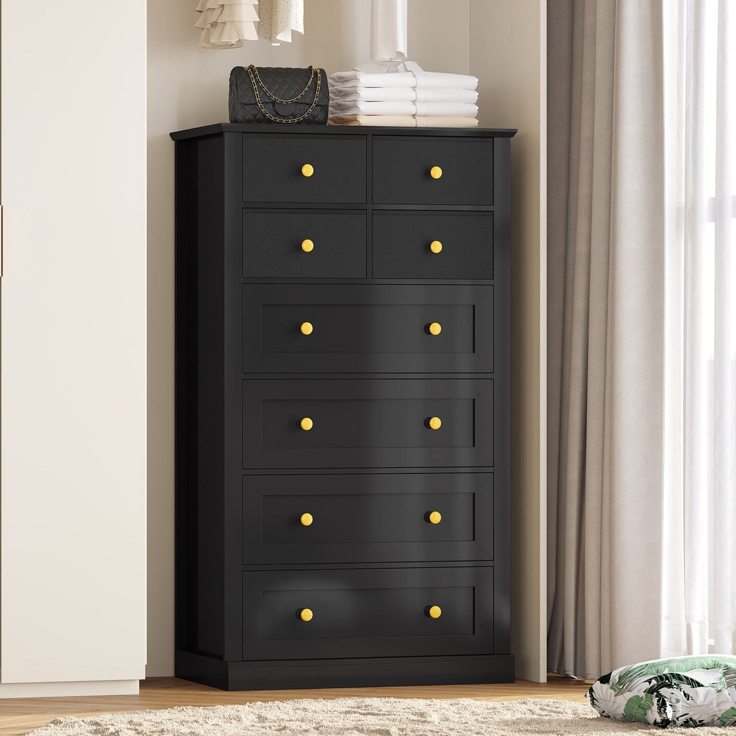 55.1 Inches High Tall Dresser with 8 Drawers Black