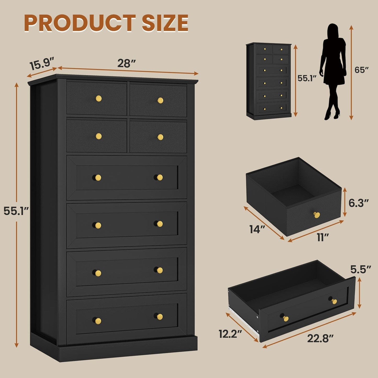 55.1 Inches High Tall Dresser with 8 Drawers Black