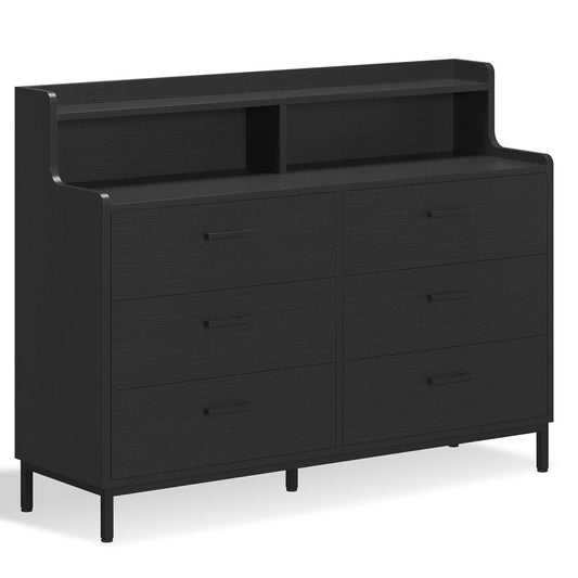 6 Drawers Dresser with Open Storage Space Black