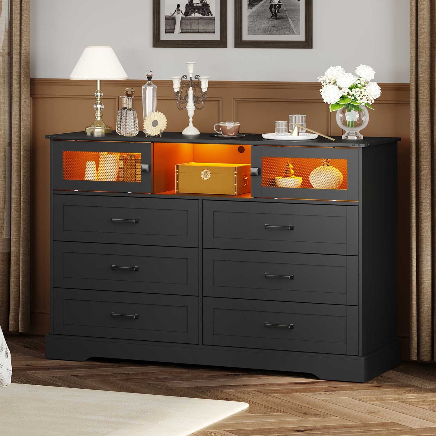 LED Dresser with 6 Storage Drawers Black