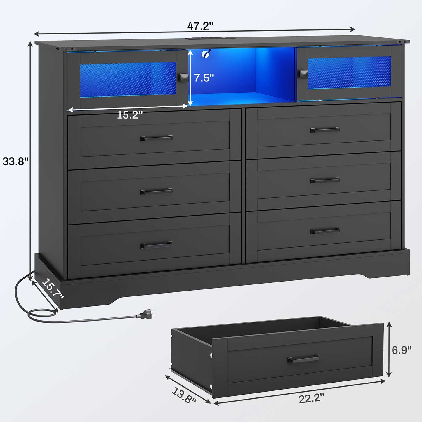 LED Dresser with 6 Storage Drawers Black