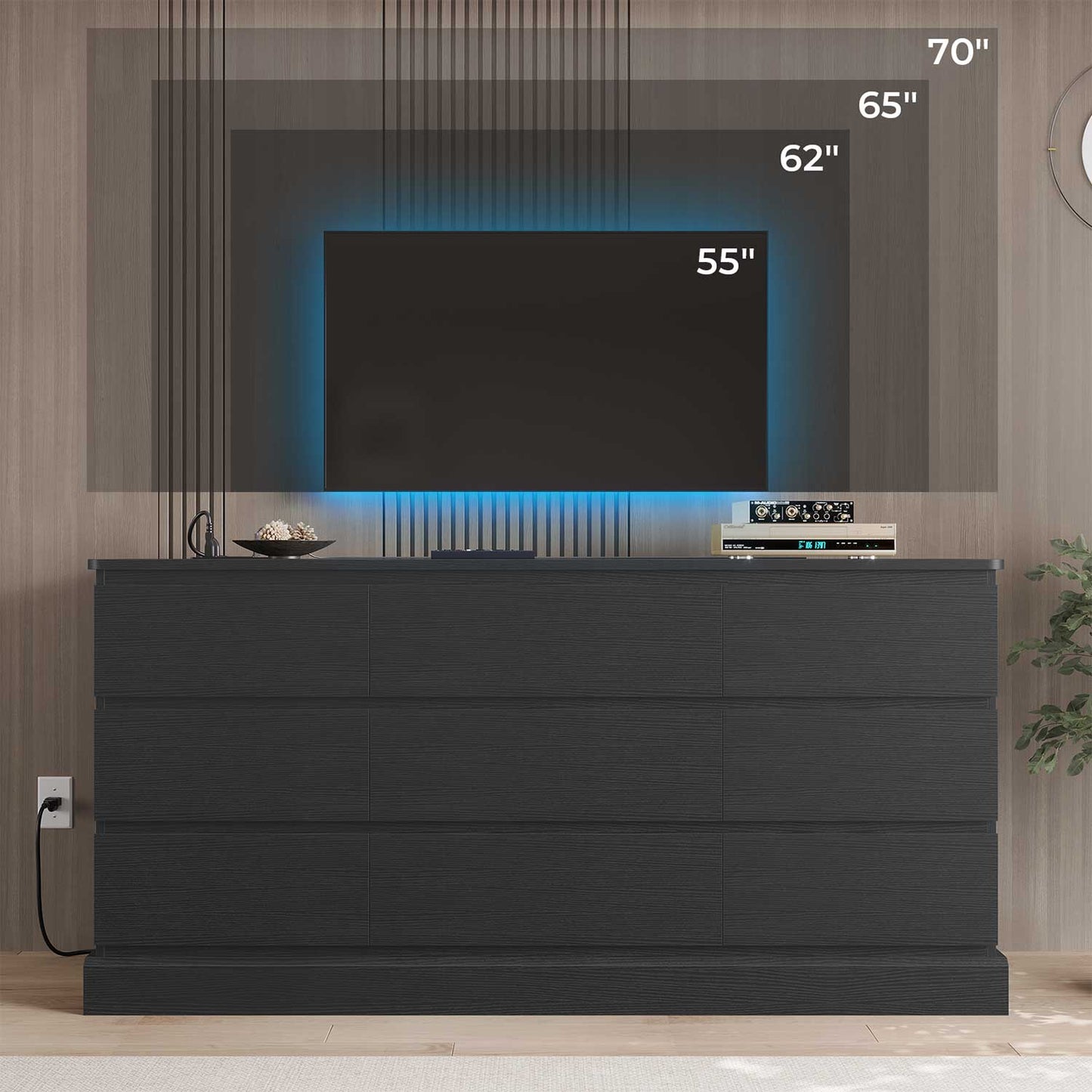 61.4 Inches Dresser with Power Outlets Black