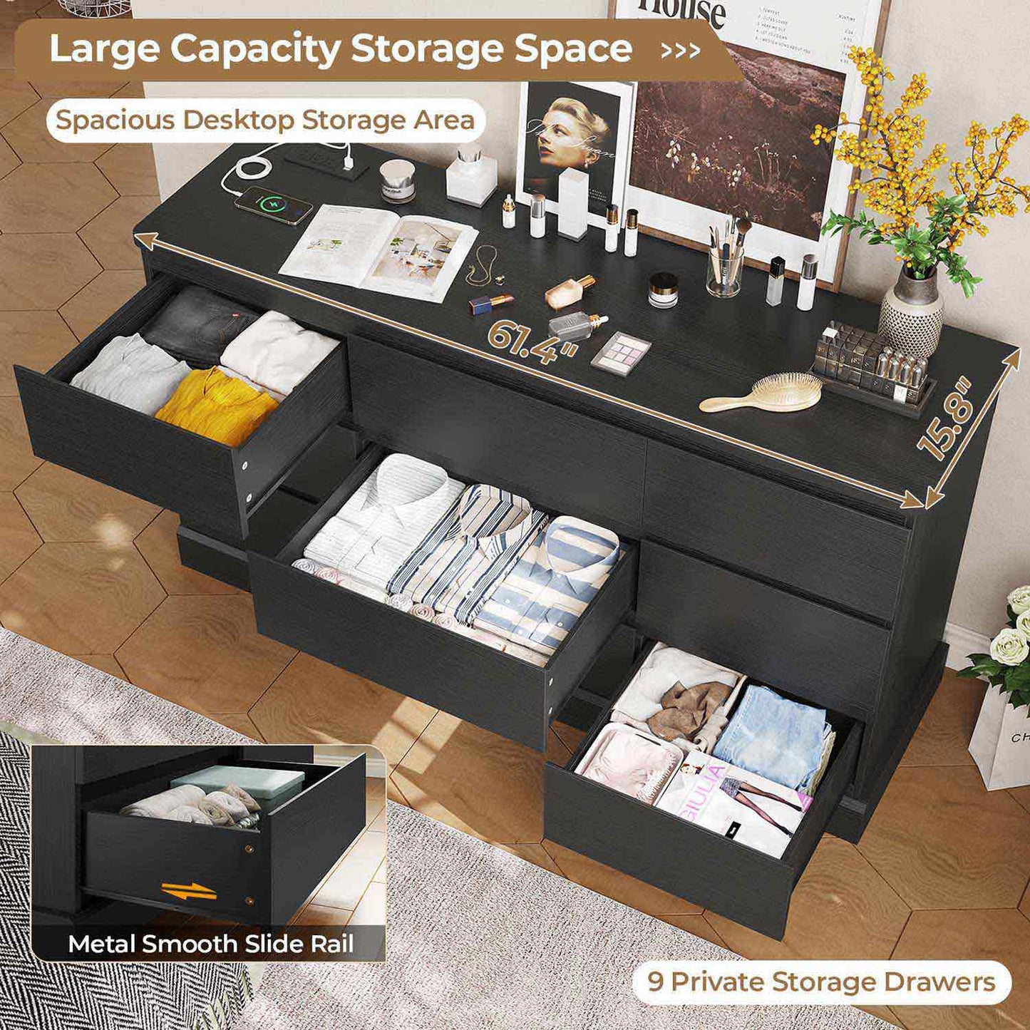61.4 Inches Dresser with Power Outlets Black