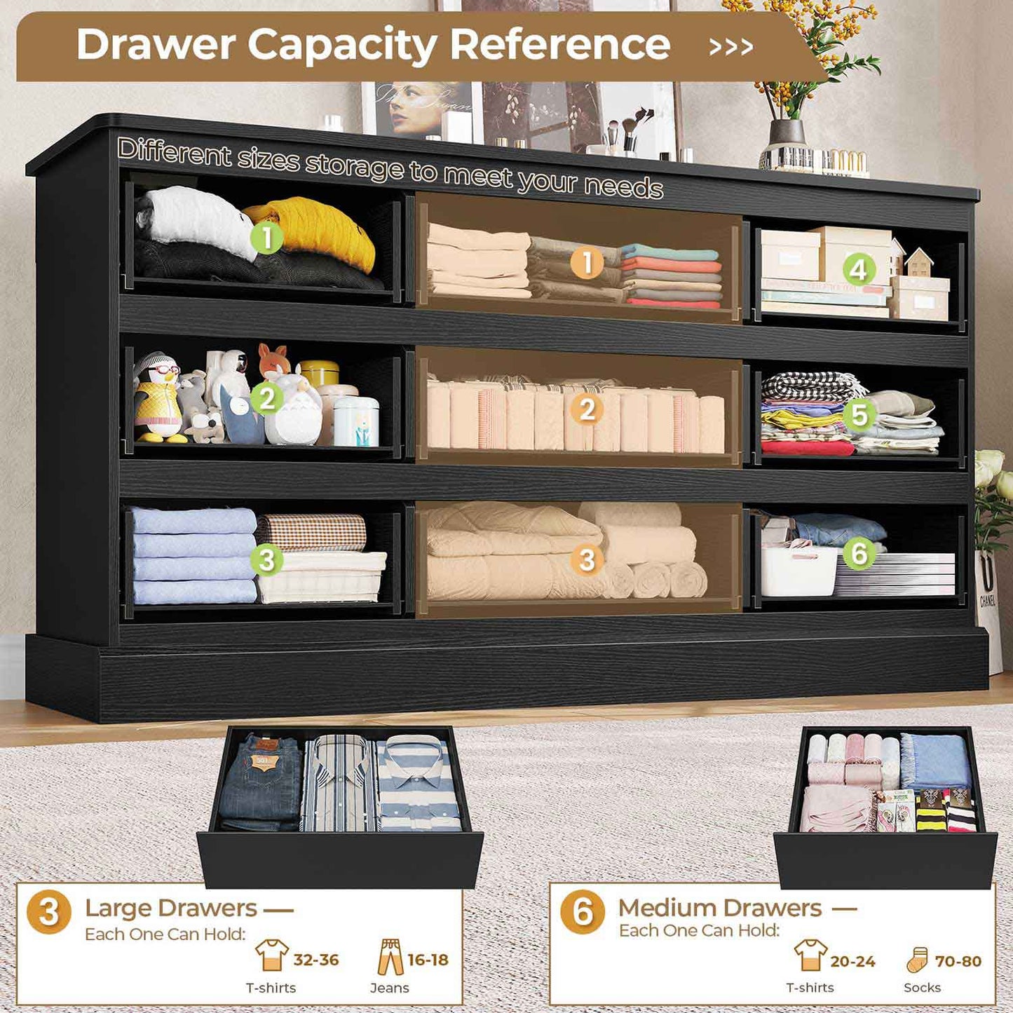 61.4 Inches Dresser with Power Outlets Black