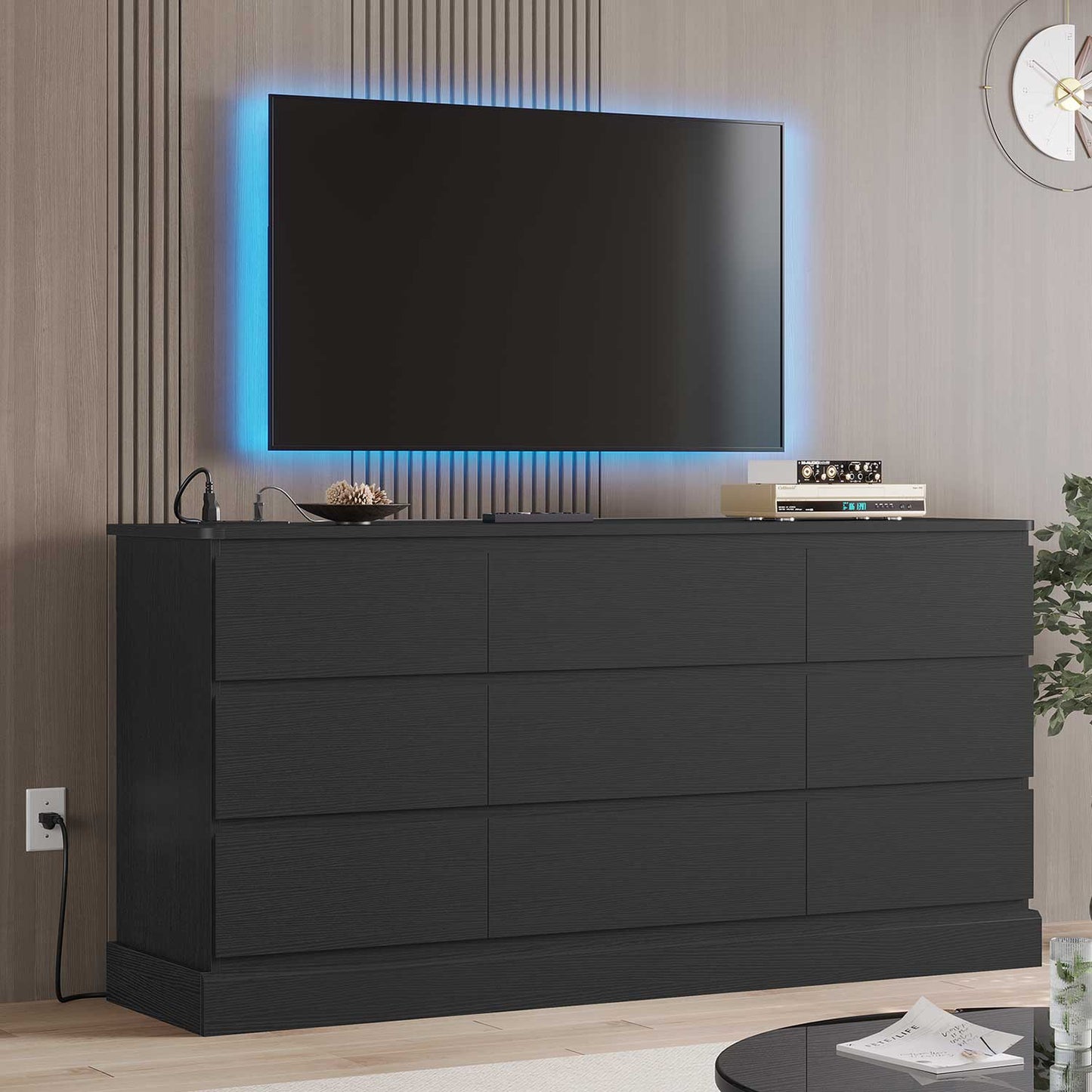 61.4 Inches Dresser with Power Outlets Black