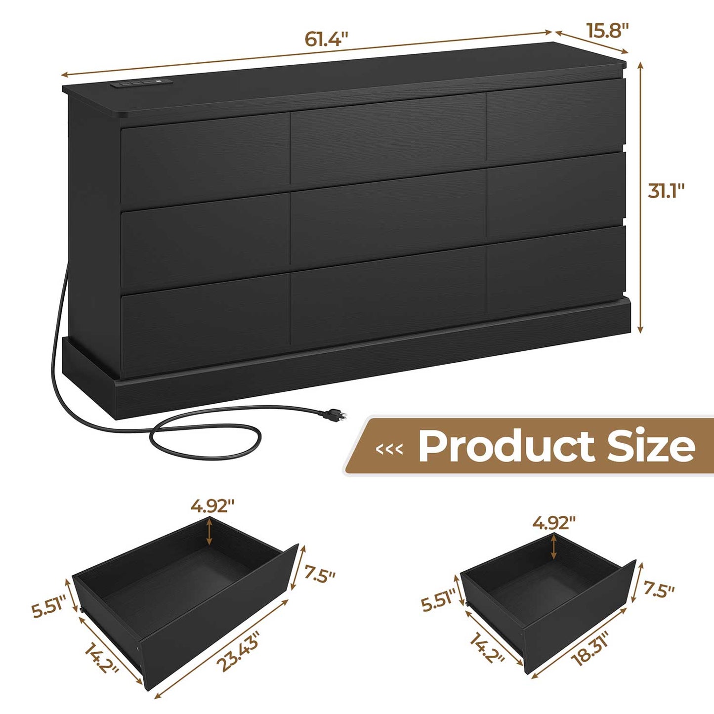61.4 Inches Dresser with Power Outlets Black