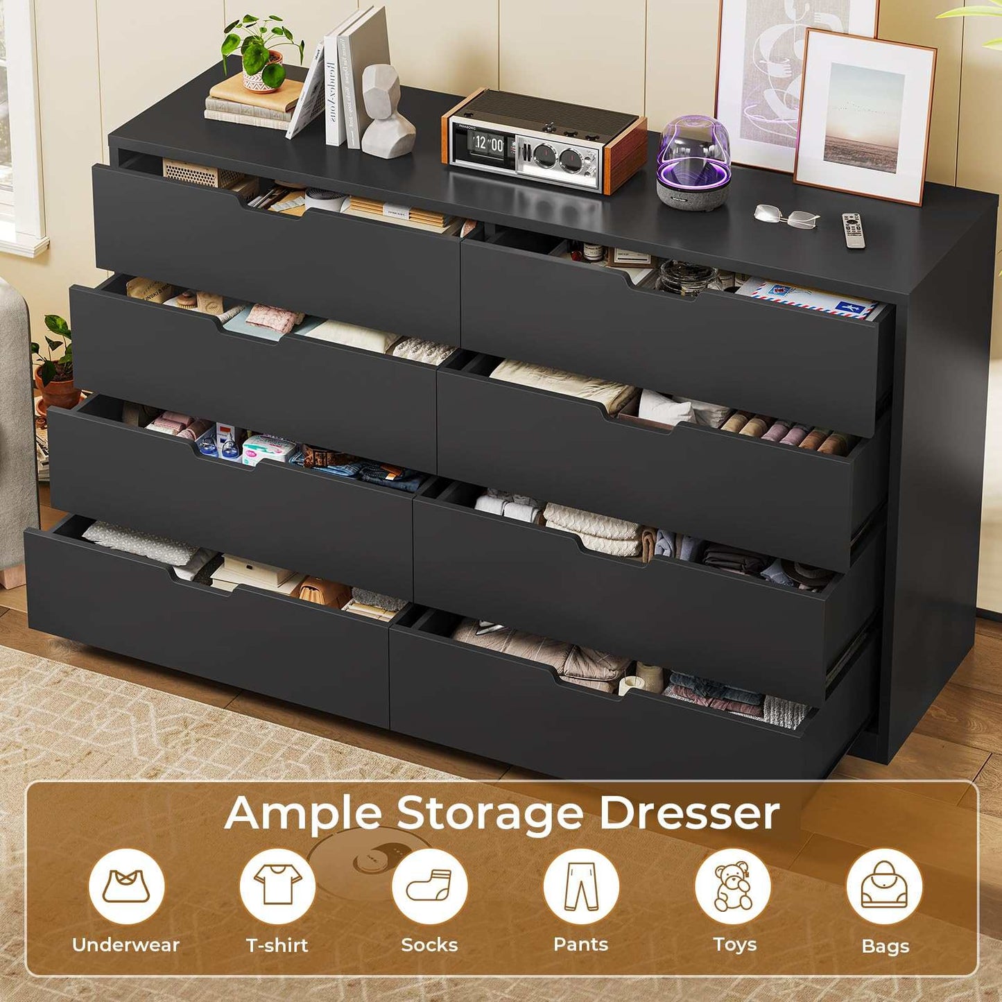 8 Drawers Dresser with Large Capacity Black