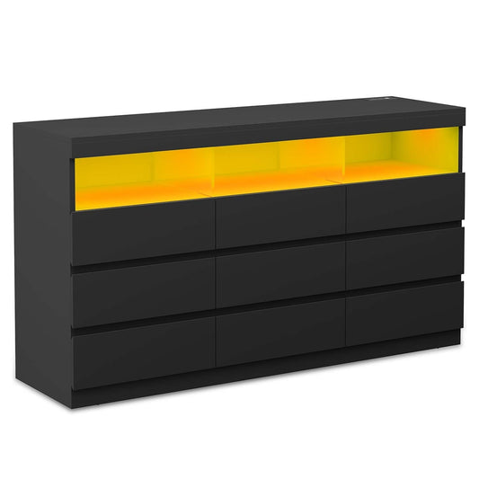 LED Wide Dresser with 9 No-Handle Drawers Black