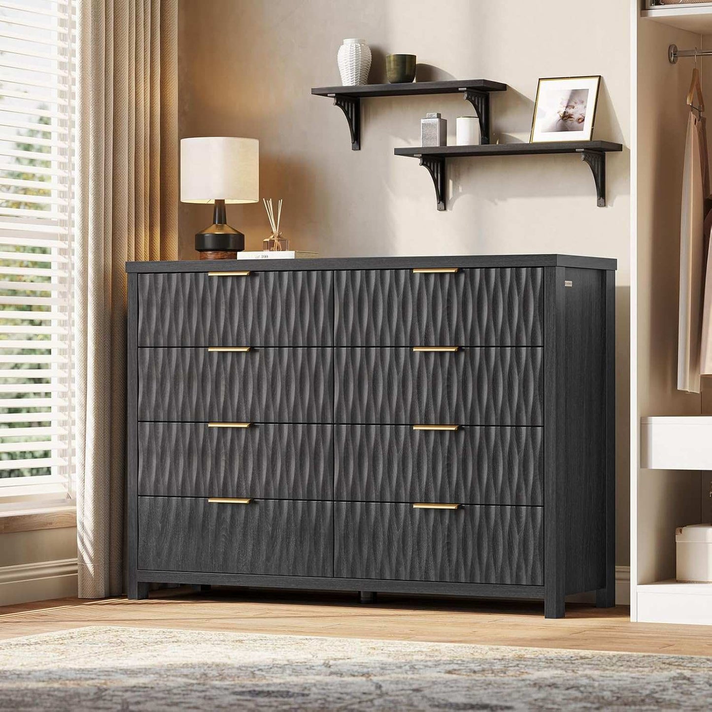 Fluted Dresser with 8 Drawers Black