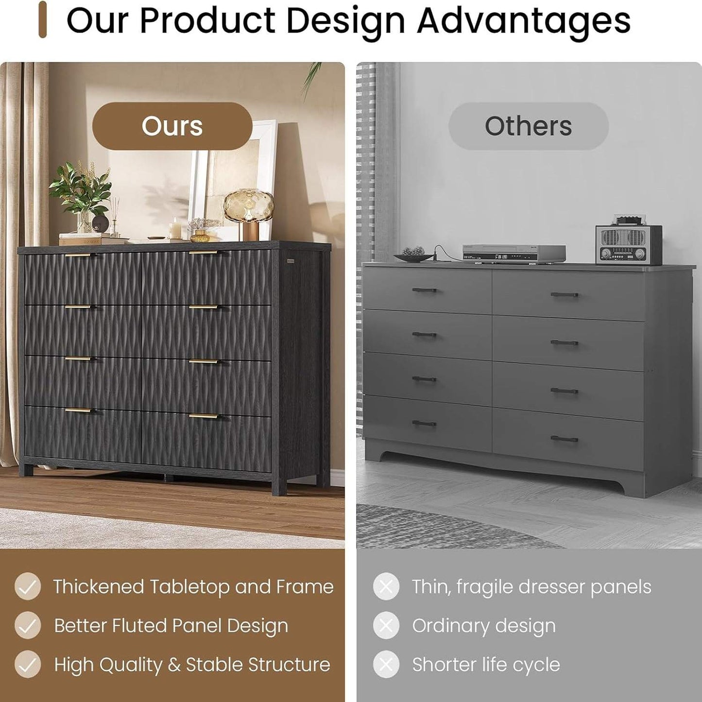 Fluted Dresser with 8 Drawers Black