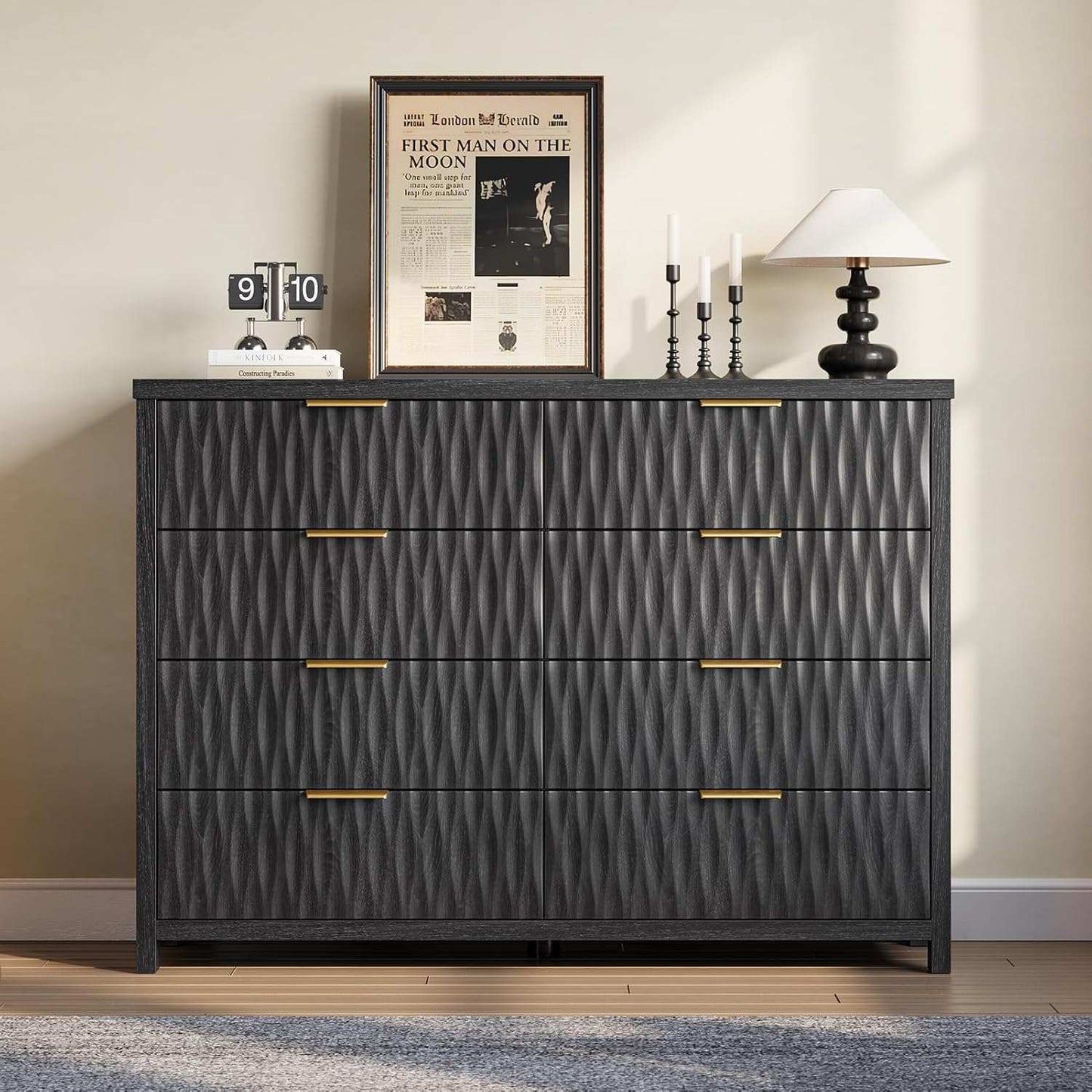 Fluted Dresser with 8 Drawers Black