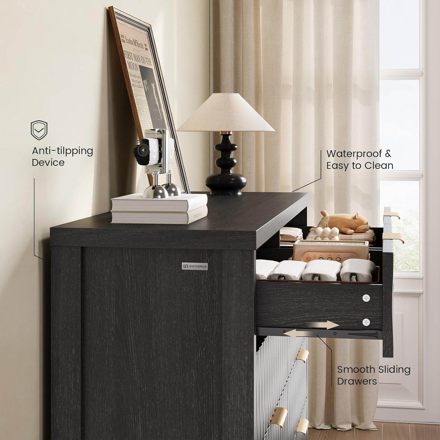 Fluted Dresser with 8 Drawers Black