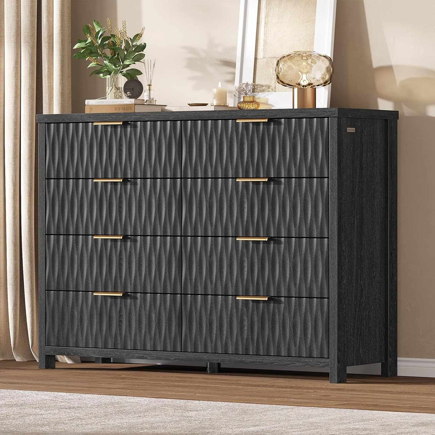 Fluted Dresser with 8 Drawers Black