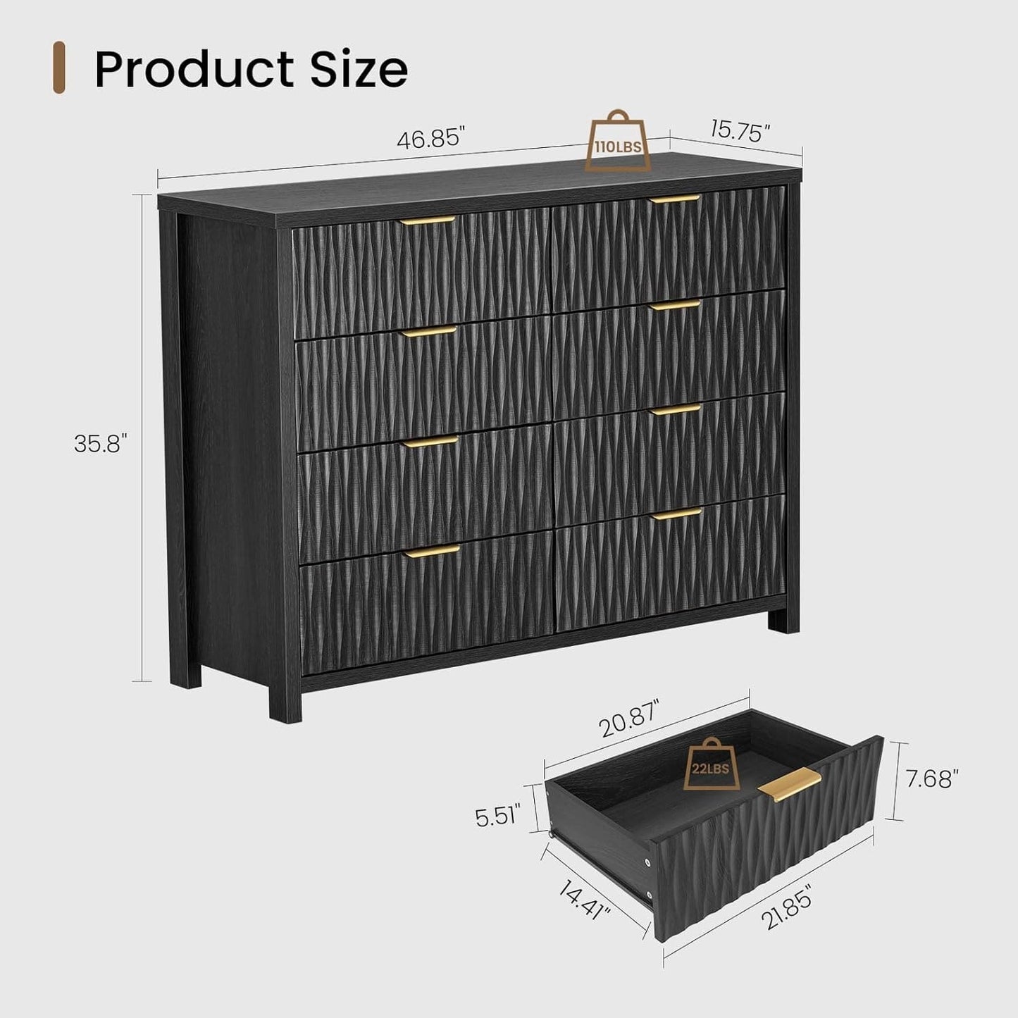 Fluted Dresser with 8 Drawers Black
