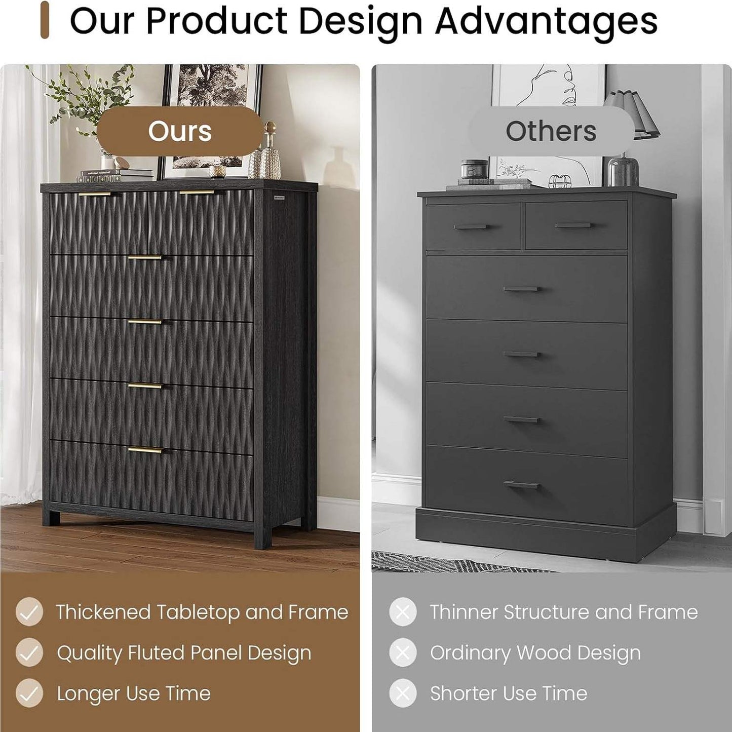 Fluted Tall Dresser with 6 Drawers Black