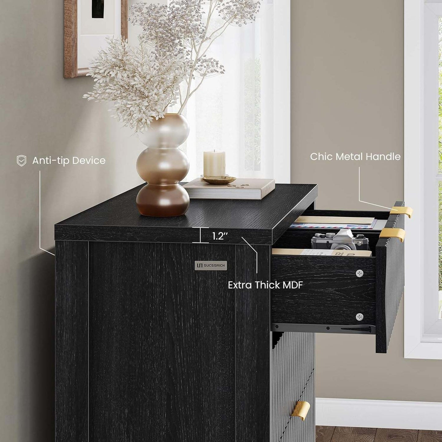 Fluted Tall Dresser with 6 Drawers Black