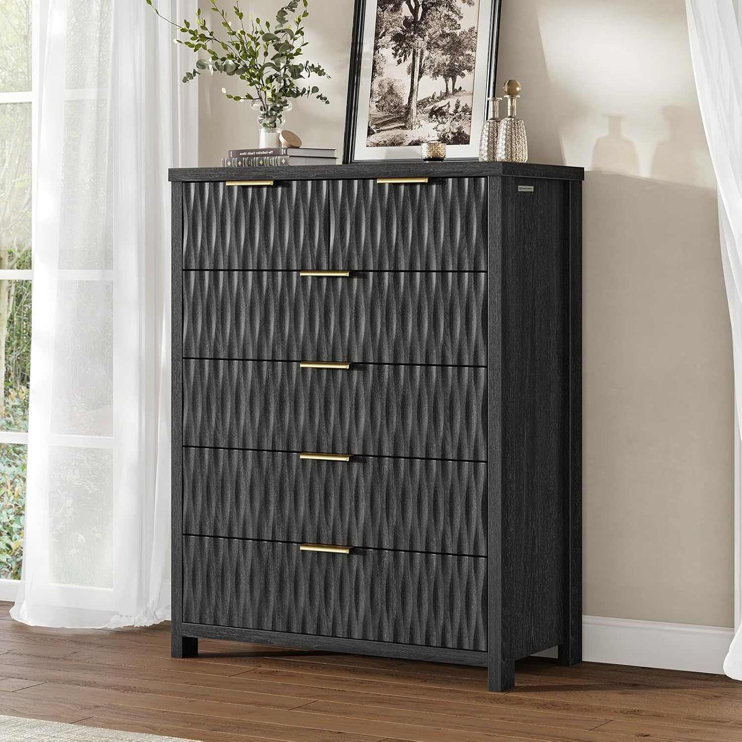 Fluted Tall Dresser with 6 Drawers Black