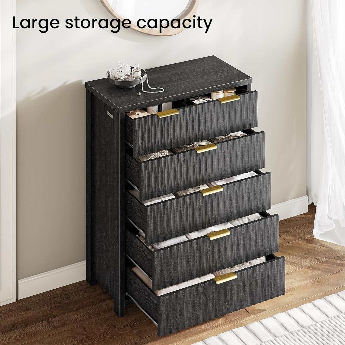Fluted Tall Dresser with 6 Drawers Black