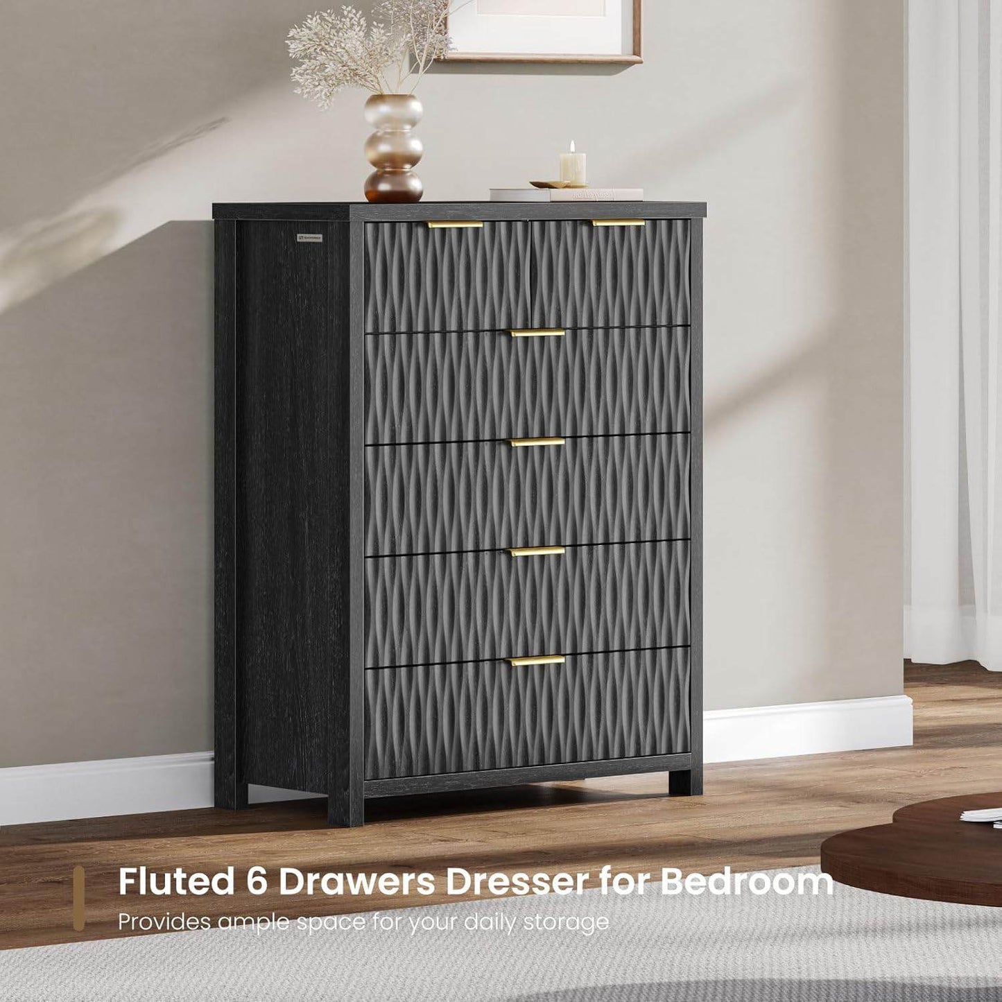 Fluted Tall Dresser with 6 Drawers Black