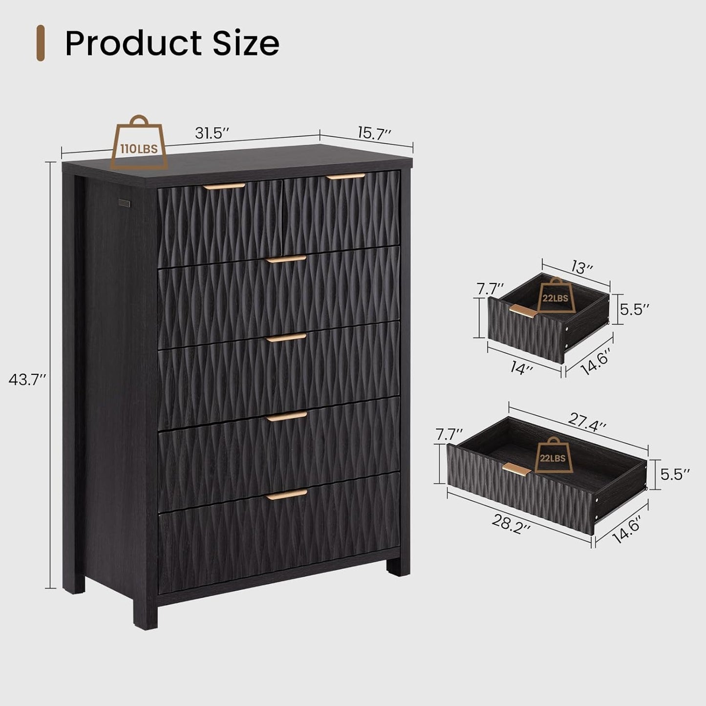 Fluted Tall Dresser with 6 Drawers Black