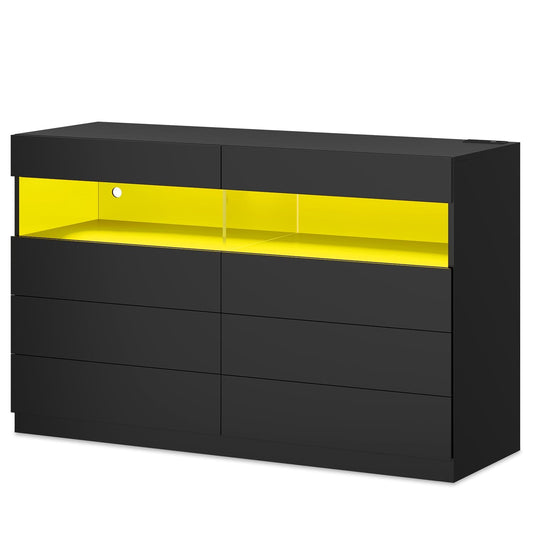 LED 6 Drawers Dresser with Charging Station Black