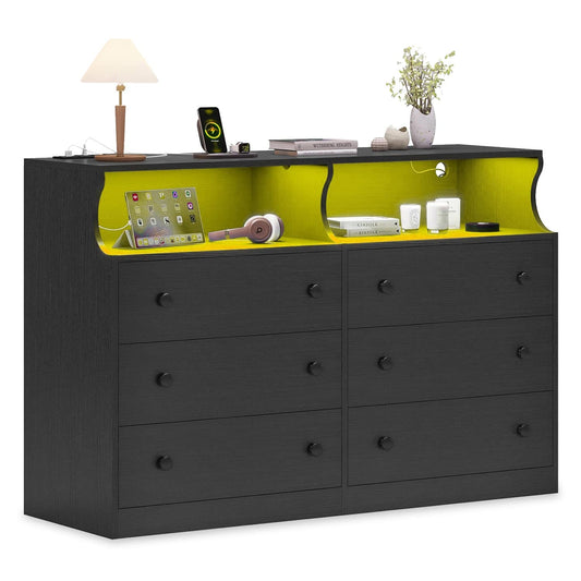 LED Dresser with 6 Drawers Charging Station Black