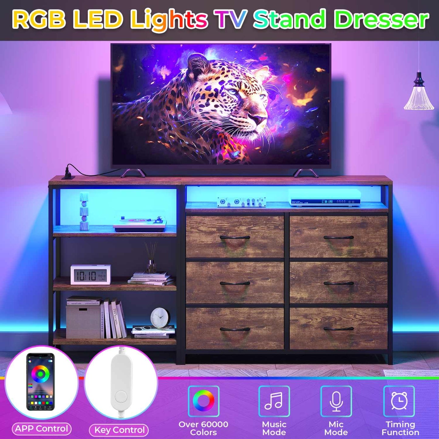 Corner L Shaped LED TV Stand Convertible Dresser Brown