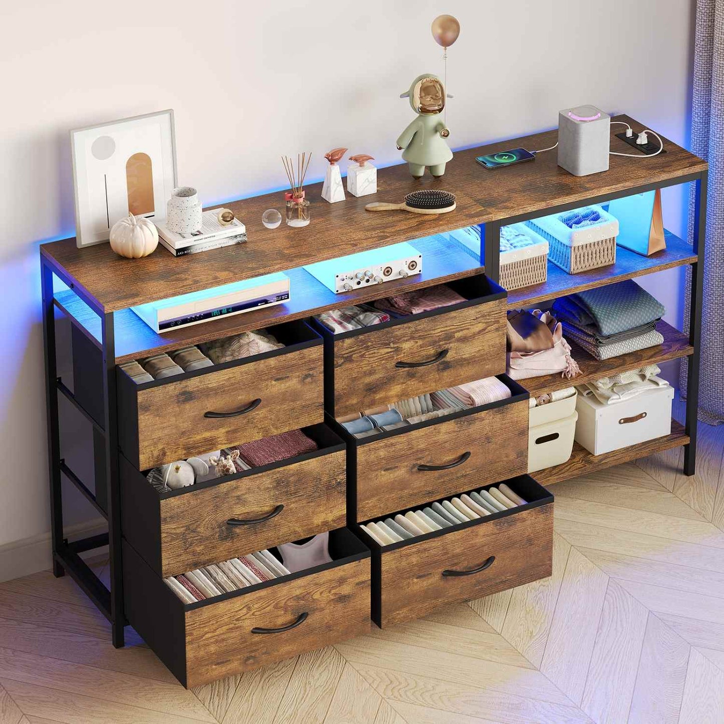 Corner L Shaped LED TV Stand Convertible Dresser Brown