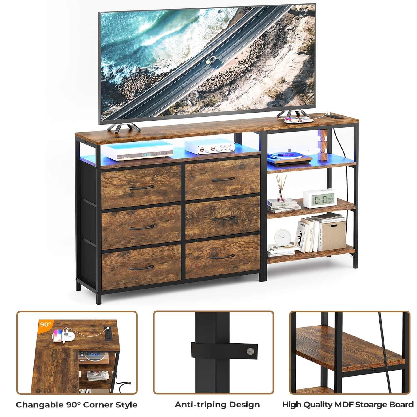 Corner L Shaped LED TV Stand Convertible Dresser Brown