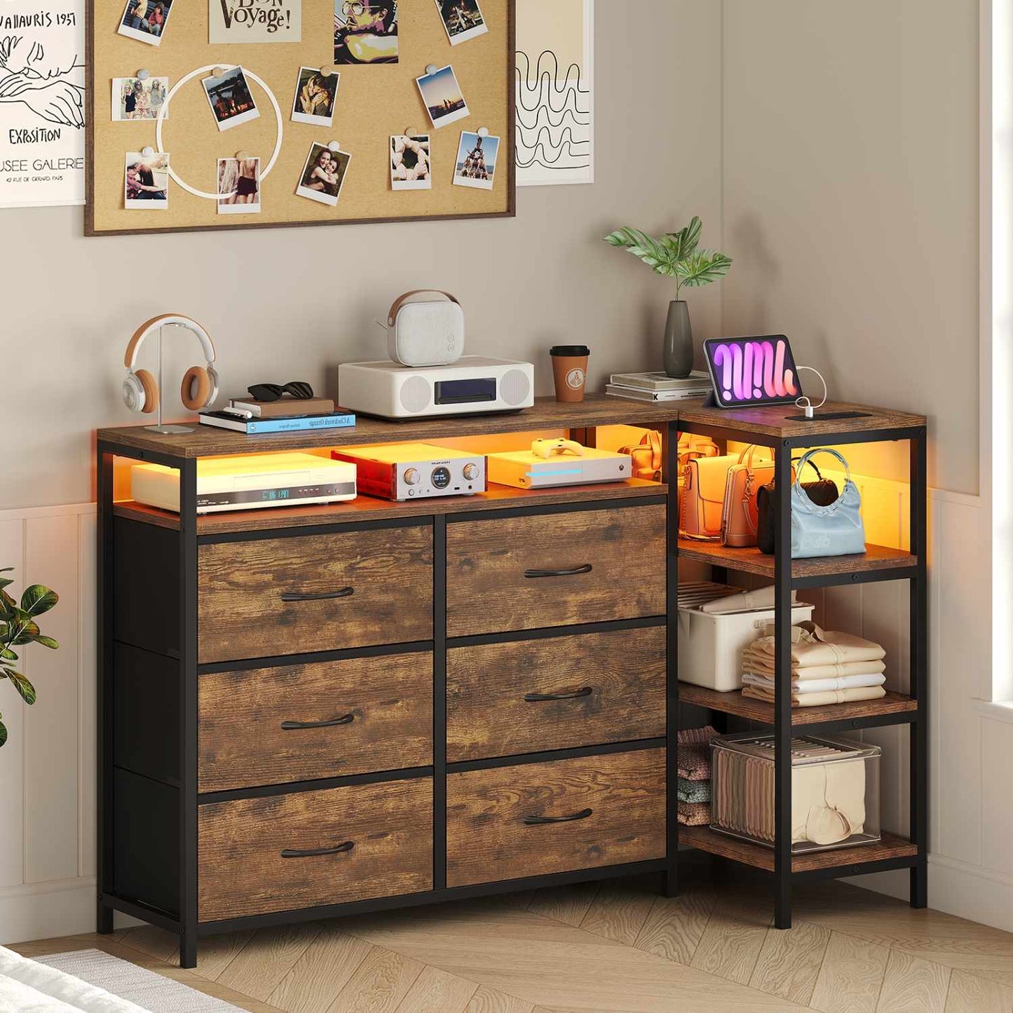 Corner L Shaped LED TV Stand Convertible Dresser Brown