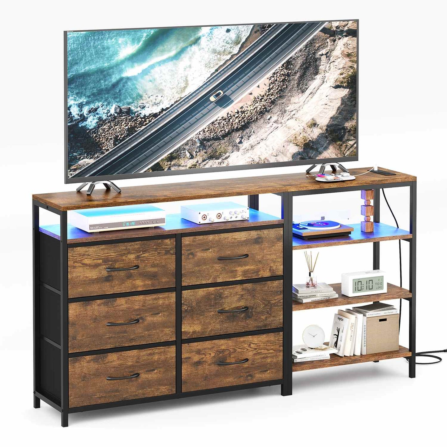 Corner L Shaped LED TV Stand Convertible Dresser Brown