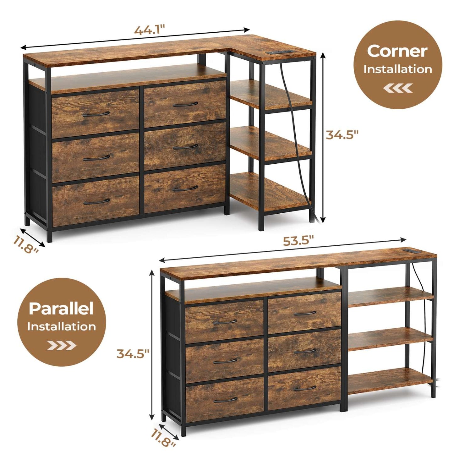 Corner L Shaped LED TV Stand Convertible Dresser Brown