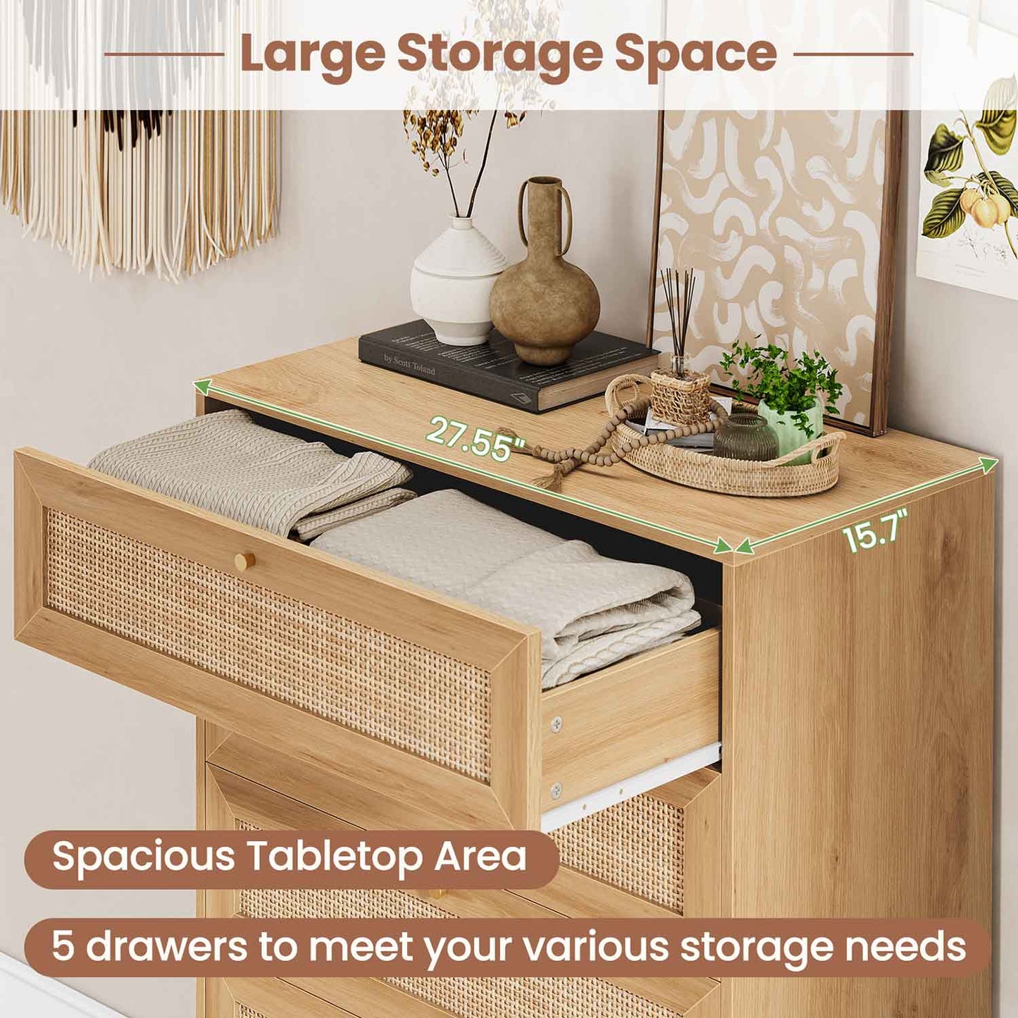 Natural Rattan Dresser with 5 Storage Drawers