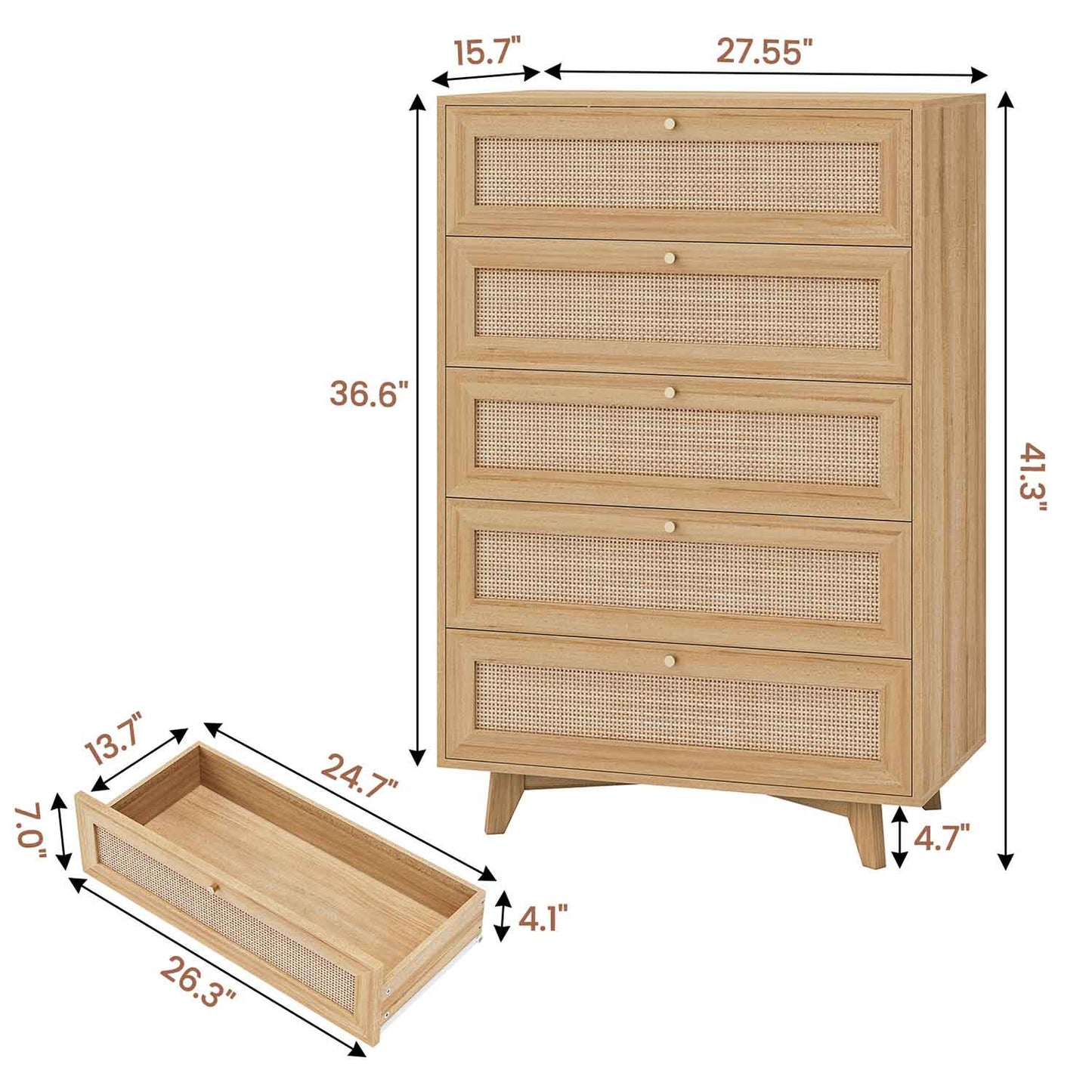 Natural Rattan Dresser with 5 Storage Drawers