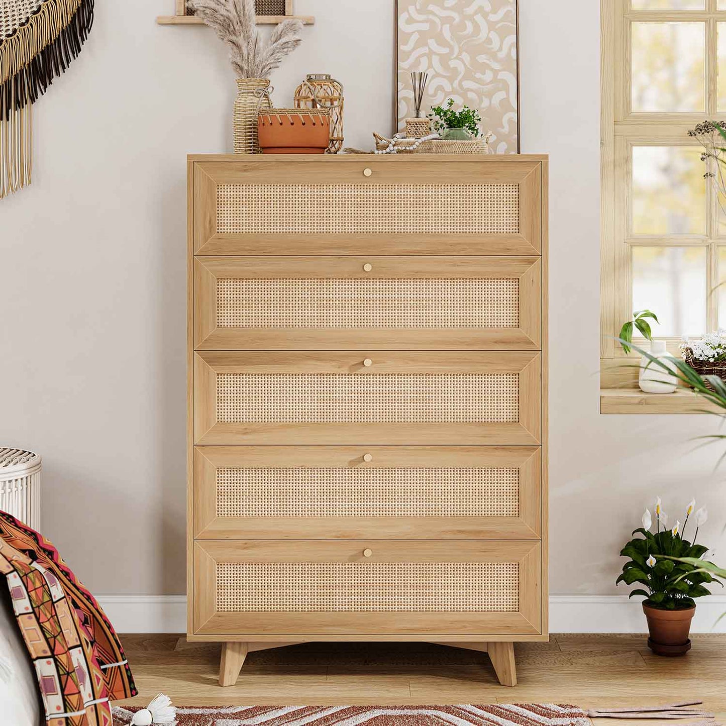 Natural Rattan Dresser with 5 Storage Drawers