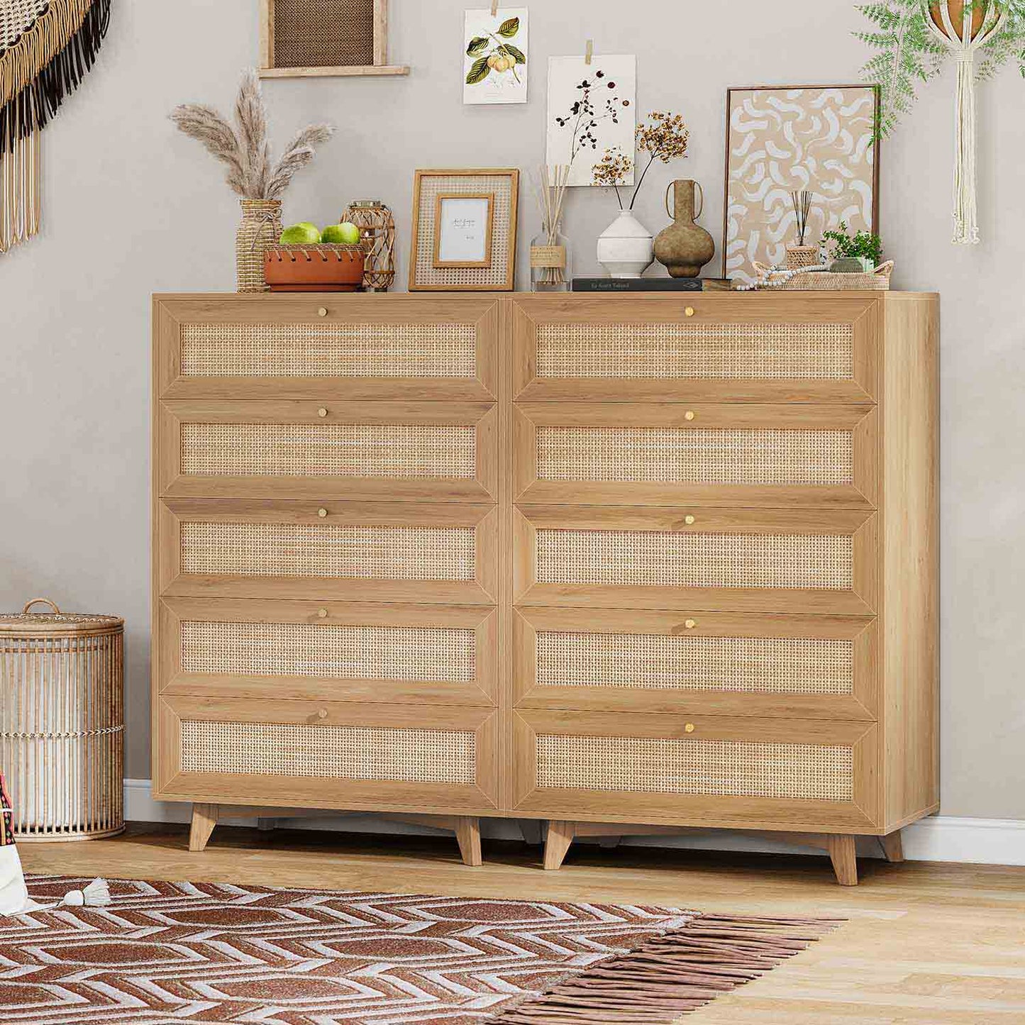 Natural Rattan Dresser with 5 Storage Drawers
