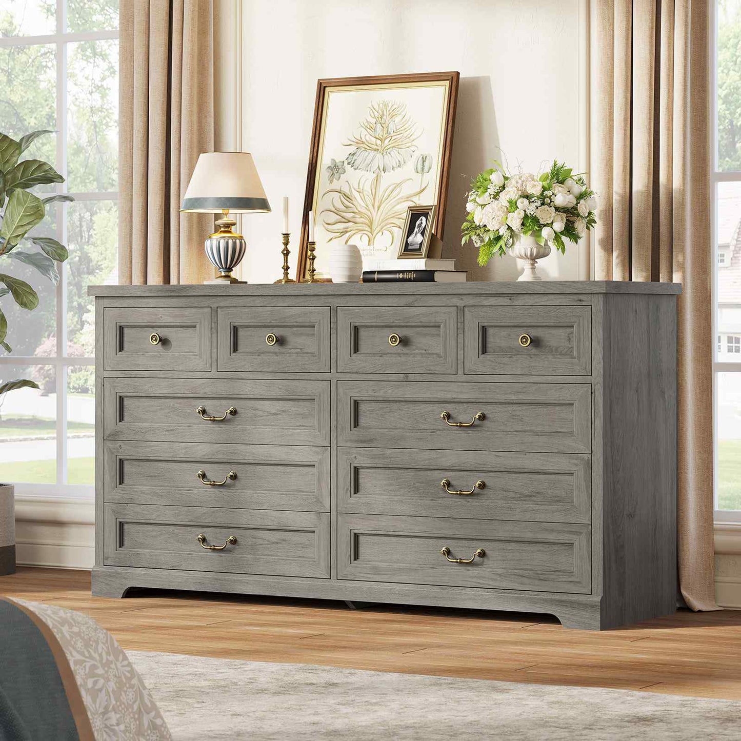 55 Inches Wide Dresser with 10 Storage Drawers Oak Grey