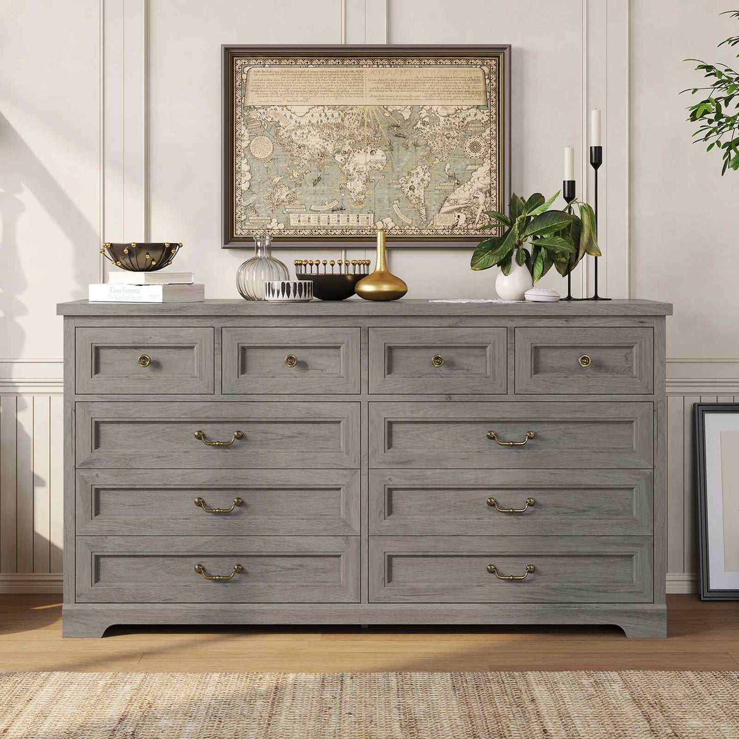 55 Inches Wide Dresser with 10 Storage Drawers Oak Grey
