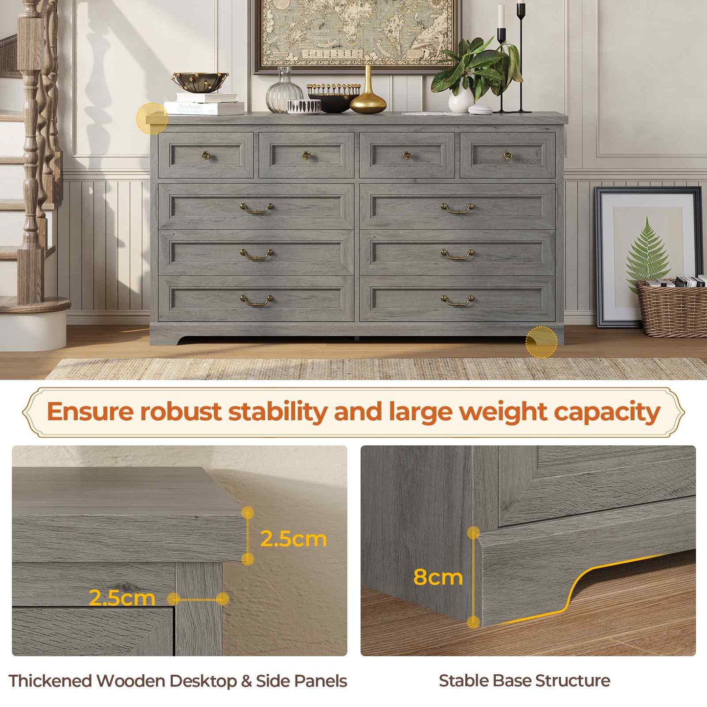 55 Inches Wide Dresser with 10 Storage Drawers Oak Grey